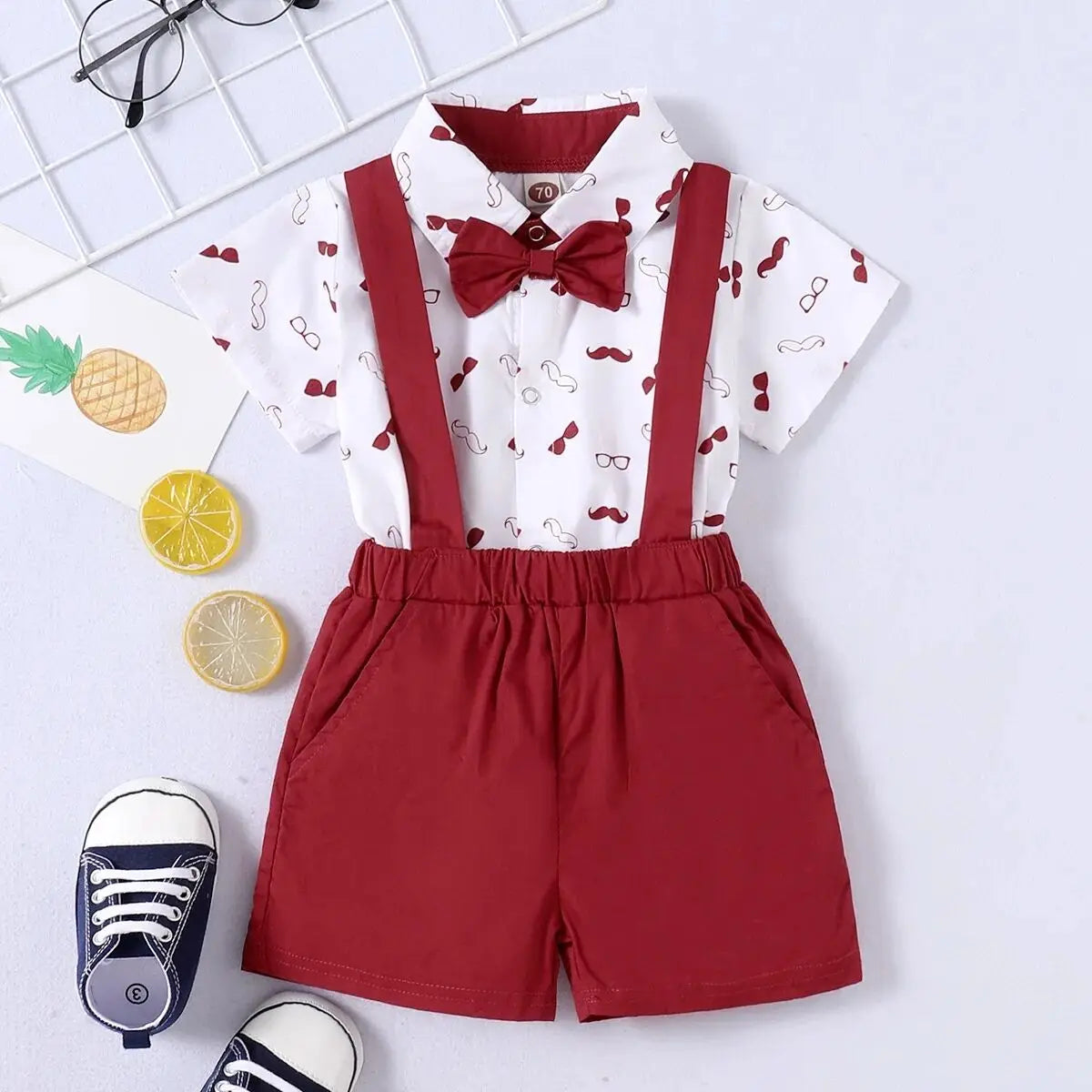 Short Sleeve Bodysuit with Bow+Suspender Shorts 