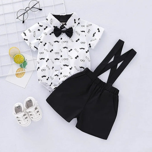 Short Sleeve Bodysuit with Bow+Suspender Shorts 