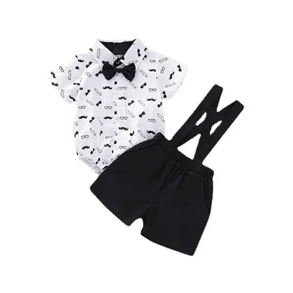 Short Sleeve Bodysuit with Bow+Suspender Shorts 