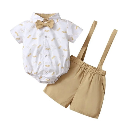 Short Sleeve Bodysuit with Bow+Suspender Shorts 