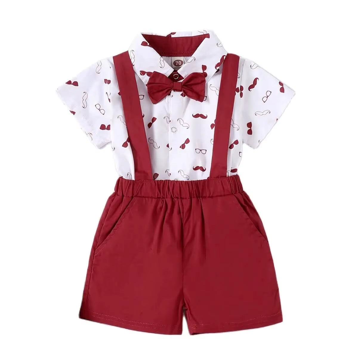 Short Sleeve Bodysuit with Bow+Suspender Shorts 